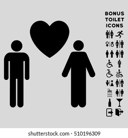 Gay Lovers icon and bonus gentleman and lady restroom symbols. Vector illustration style is flat iconic symbols, black color, light gray background.