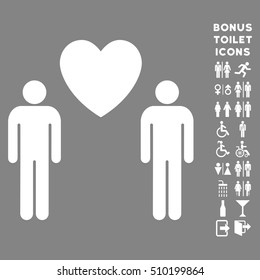 Gay Lovers icon and bonus gentleman and female lavatory symbols. Vector illustration style is flat iconic symbols, white color, gray background.