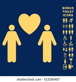 Gay Lovers icon and bonus gentleman and woman toilet symbols. Vector illustration style is flat iconic symbols, yellow color, blue background.