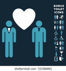 Gay Lovers icon and bonus gentleman and female lavatory symbols. Vector illustration style is flat iconic bicolor symbols, blue and white colors, dark blue background.