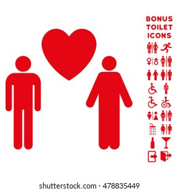 Gay Lovers icon and bonus male and woman WC symbols. Vector illustration style is flat iconic symbols, red color, white background.