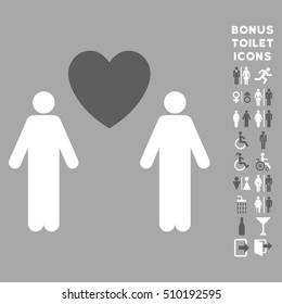Gay Lovers icon and bonus male and female restroom symbols. Vector illustration style is flat iconic bicolor symbols, dark gray and white colors, silver background.