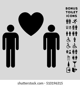 Gay Lovers icon and bonus male and female lavatory symbols. Vector illustration style is flat iconic symbols, black color, light gray background.
