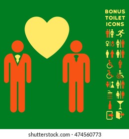 Gay Lovers icon and bonus man and female WC symbols. Vector illustration style is flat iconic bicolor symbols, orange and yellow colors, green background.