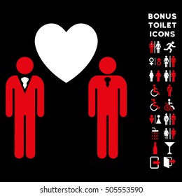 Gay Lovers icon and bonus man and lady lavatory symbols. Vector illustration style is flat iconic bicolor symbols, red and white colors, black background.