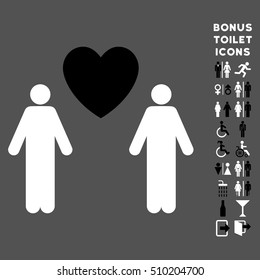 Gay Lovers icon and bonus man and woman restroom symbols. Vector illustration style is flat iconic bicolor symbols, black and white colors, gray background.