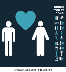 Gay Lovers icon and bonus man and female WC symbols. Vector illustration style is flat iconic bicolor symbols, blue and white colors, dark blue background.