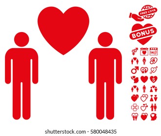 Gay Lovers icon with bonus valentine pictograms. Vector illustration style is flat iconic red symbols on white background.