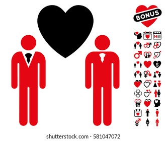 Gay Lovers pictograph with bonus dating images. Vector illustration style is flat iconic intensive red and black symbols on white background.