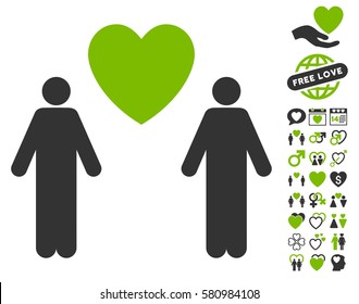 Gay Lovers pictograph with bonus lovely design elements. Vector illustration style is flat iconic eco green and gray symbols on white background.