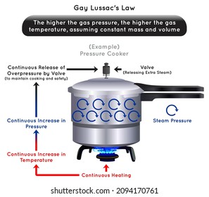 Gay Lussac Law Infographic Diagram example of pressure cooker continuous heat applied result in continuous temperature pressure increase valve release overpressure physics science education vector