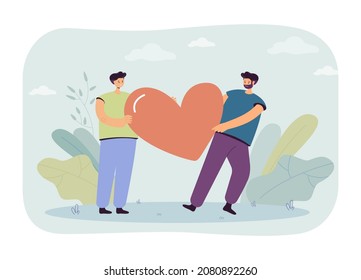 Gay male cartoon character giving huge heart to confused man. Guy rejecting homosexual person flat vector illustration. LGBT community, unrequited love, relationship concept for banner, website design