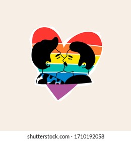 Gay male Couple being loving and happy. Two guys kissing. Pride community concept. LGBT flag. Hand drawn Vector illustration. Pre-made sticker. Isolated on beige background