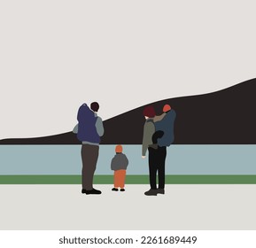 Gay Male Couple With Children hiking on mountain and standing near lake during their summer vacation. LGBTQ lovers traveling. Family concept.