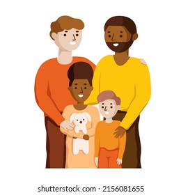 Gay male couple with kids, family portrait vector illustration. LGBTQ men parents with children happy together flat cartoon design isolated on white, caucasian and african husbands, LGBT marriage