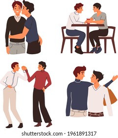 Gay male couple lifestyle. Two men hug, on a date, dance. Homosexuality. LGBTQ+ people, human rights freedom. Multiethnic characters. Set of love relationship, romantic date, marriage scene