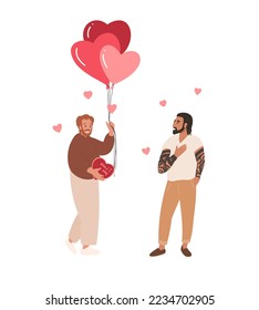 Gay male couple in romantic relationships. Happy diversity couple on 14 February, Valentines day, Homosexuality, Collection of People on Valentines day 