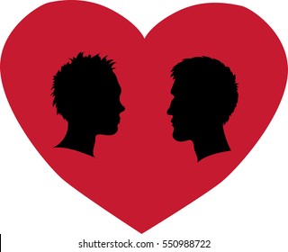 Gay male couple. Silhouettes of men's heads on heart background. Homosexual couple for happy valentine day.