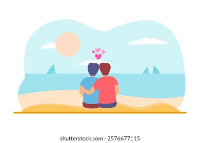 Gay male couple sits on a beach, gazing at the sea with sailboats and a sunset, symbolizing love. Designed for romantic content, like Valentine’s Day. LGBTQ vector illustration.