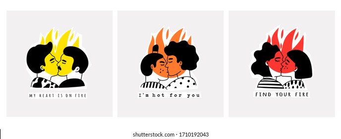 Gay male and female Couples being loving and happy. Men and women kissing. Pride community concept. Set of three Hand drawn Vector illustrations. Isolated on white background