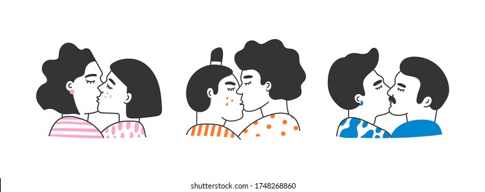 Gay Male And Female Couples Being Loving And Happy. Men And Women Kissing. Pride Community Concept. Set Of Three Hand Drawn Vector Illustrations. Isolated On White Background