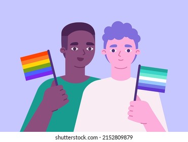 Gay male multi race couple. Pride month celebration. Men holding LGBTQI+ flags. Vector illustration