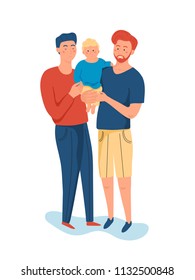 Gay male parents with kid flat vector illustration. Two fathers with son cartoon characters. Child adoption for homosexual couples. LGBT fatherhood. Boyfriends with baby isolated design element