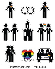 Gay man 2 wedding icon set in black and white with rainbow element 
