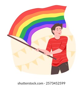 Gay Man Holding Rainbow Flag for LGBT Gay Pride Celebration Concept Illustration