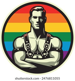 Gay man in a leather harness. Round graphic LGBTQ symbol (Vector graphics)