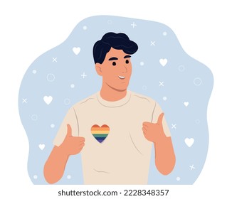 Gay man with LGBTQ rainbow and transgender heart celebrating pride month or day. Flat vector illustration