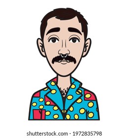 Gay Man With Mustache And Nose Ring. Colorful Hawaii Shirt. Avatar, Comic, Outline.