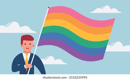 Gay Man Wrapped in Rainbow Flag for LGBT Gay Pride Celebration Concept Illustration