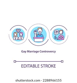 Icono de concepto de controversia por matrimonio gay. Derechos civiles para personas LGBT. Igualdad social. Temas religiosos idea ilustración de línea delgada. Dibujo de color RGB con contorno aislado del vector. Trazo editable