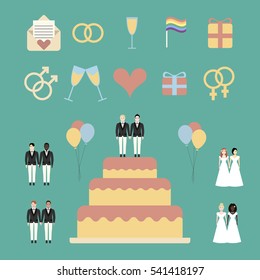 Gay marriage icons set. Lgbt. Wedding cake