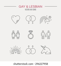 Gay marriage and gay love vector thin line icons. LGBT symbols including unicorn and rainbow. Man holding hands with man. 