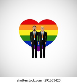 gay marriage vector flat illustration. homosexual couple on the rainbow heart background. love wins