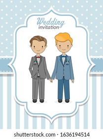 Gay marriage wedding invitation. Two men holding hands