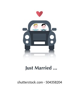 Gay Marriage.Vector Male People Icon,pictogram With Car.Concept Of Relationship Gay,people Marriage,blue,red,couple,heart,car,over White And Text Just Married, In Flat Style