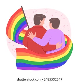 Gay Men Couple Holding the LGBT Rainbow Flag for Gay Pride Celebration Concept Illustration