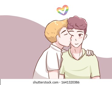 gay men couple in love kissing cheek vector illustration in concepts cute  lgbtq anime style for valentine day