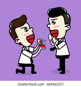 Gay men knelt to propose marriage . Gay couple cartoon concept design.