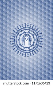 gay men love icon inside blue emblem with geometric background.