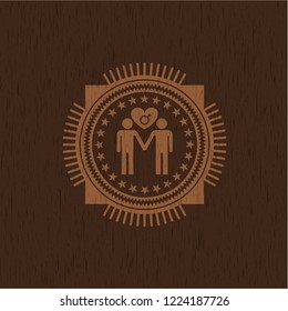 gay men love icon inside realistic wooden emblem