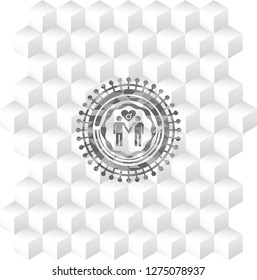 gay men love icon inside retro style grey emblem with geometric cube white background