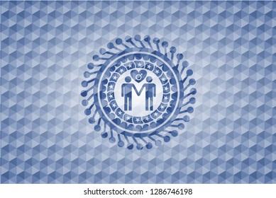 gay men love icon inside blue hexagon badge.