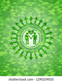 gay men love icon inside green emblem with mosaic ecological style background