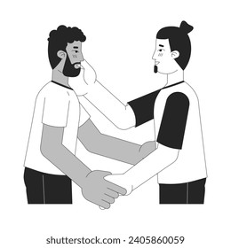 Gay men lovers embrace black and white 2D line cartoon characters. Passionate homosexual couple isolated vector outline people. I love you. Intimate bonding monochromatic flat spot illustration