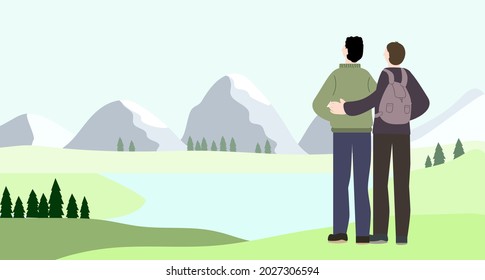 Gay men traveler are hugging each other on the mountainside.