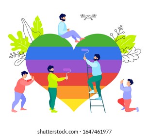 Gay men work together to create a large rainbow heart. LGBT community. Homosexuals collaborate in preparation for a pride parade. Colorful cartoon characters. Vector flat illustration. Teamwork.